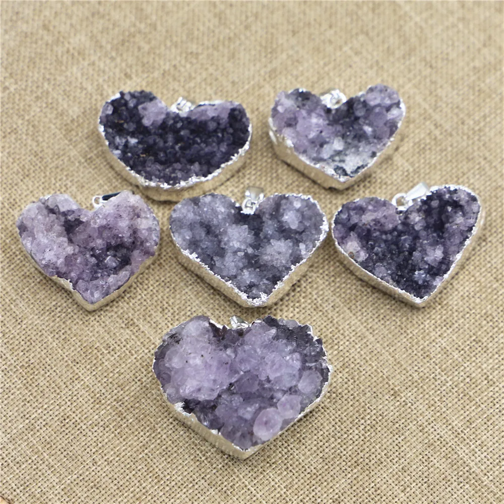 Natural Stone Amethysts Pendants Heart Silver Spiritual Designer Charms Healing Crystals Jewelry Making DIY Necklace Accessories