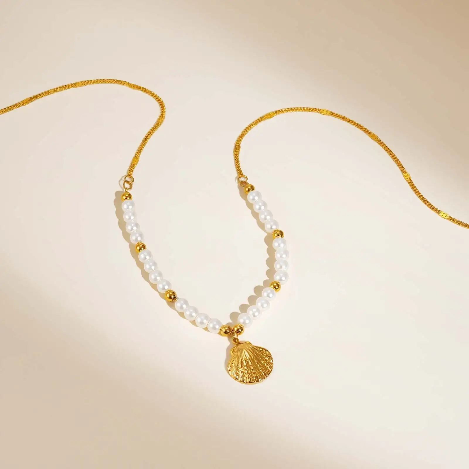 Edelstahl Muschel Sonnenblume Anhänger Halskette, Nachahmung Perlen Perlen Kette Halskette für Frauen, Mode Party Schmuck – Detail 8