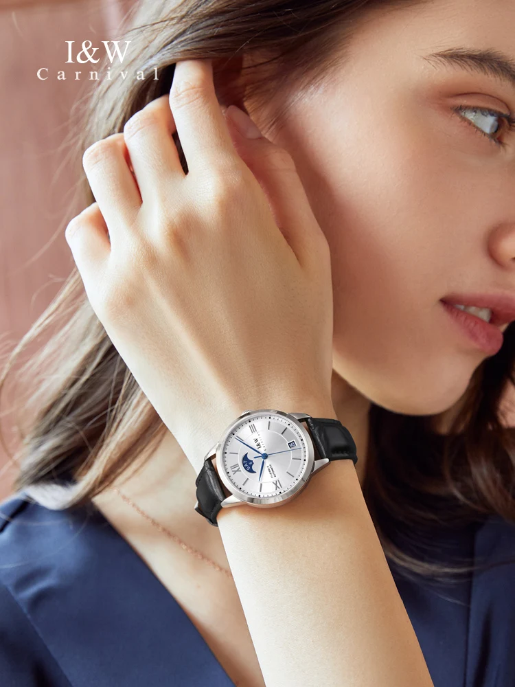 Relógio automático feminino I&W com fases da lua nova e calendário mecânico de safira, movimento MIYOTA_voghion.com