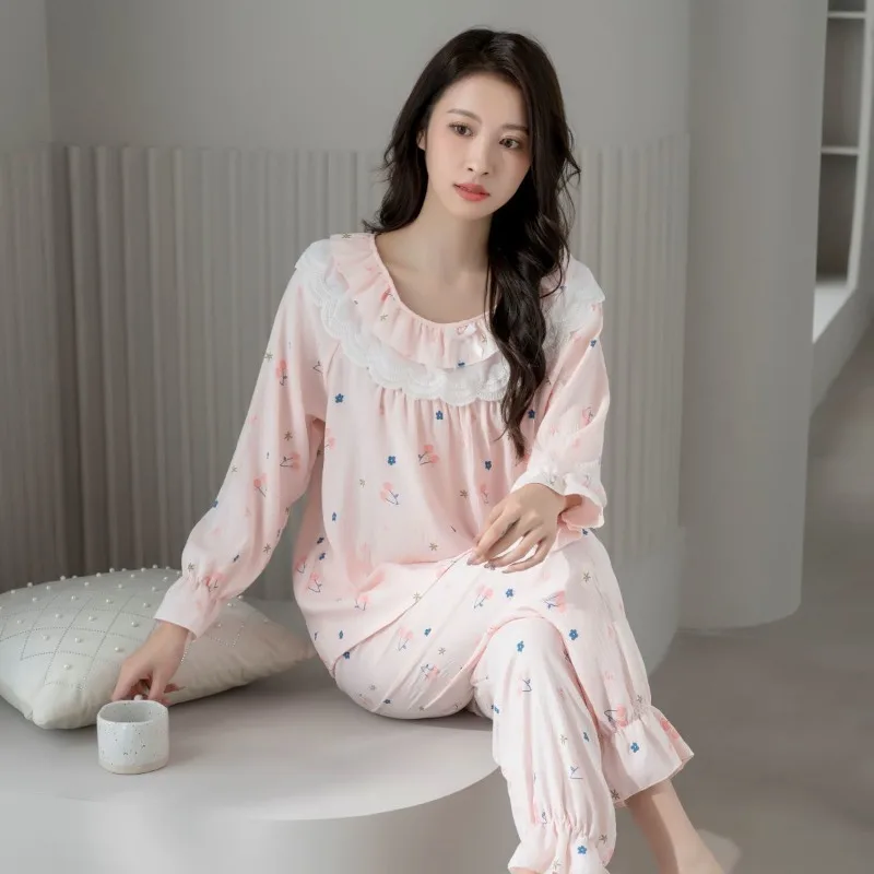 2024 New Women's Thin Long-Sleeved Pajamas Set Large Size Casual Homewear Suit Spring Autumn Female Sweet Slipover Sleepwear