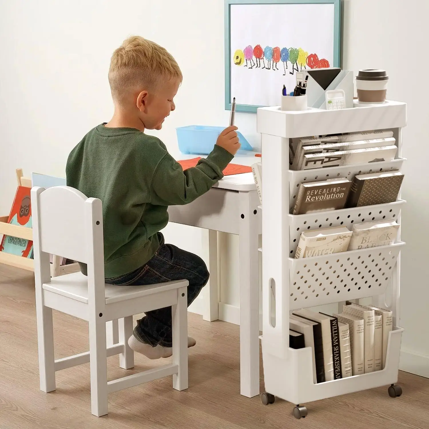 5-Tier Removable Magazine Newspaper Storage Rack, Book Storage Rack With Wheels Tableside Bookshelf For School Classroom Office 6