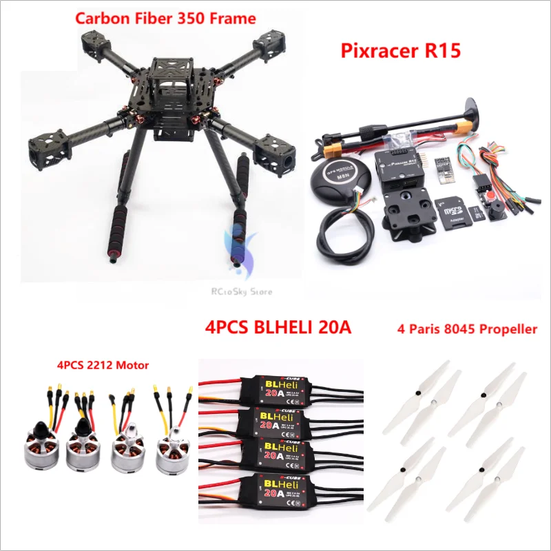 RCtoskyCarbonFiber350FrameKitPixracerR15FlightControlArdupilotQuadcopterBLHELI20A