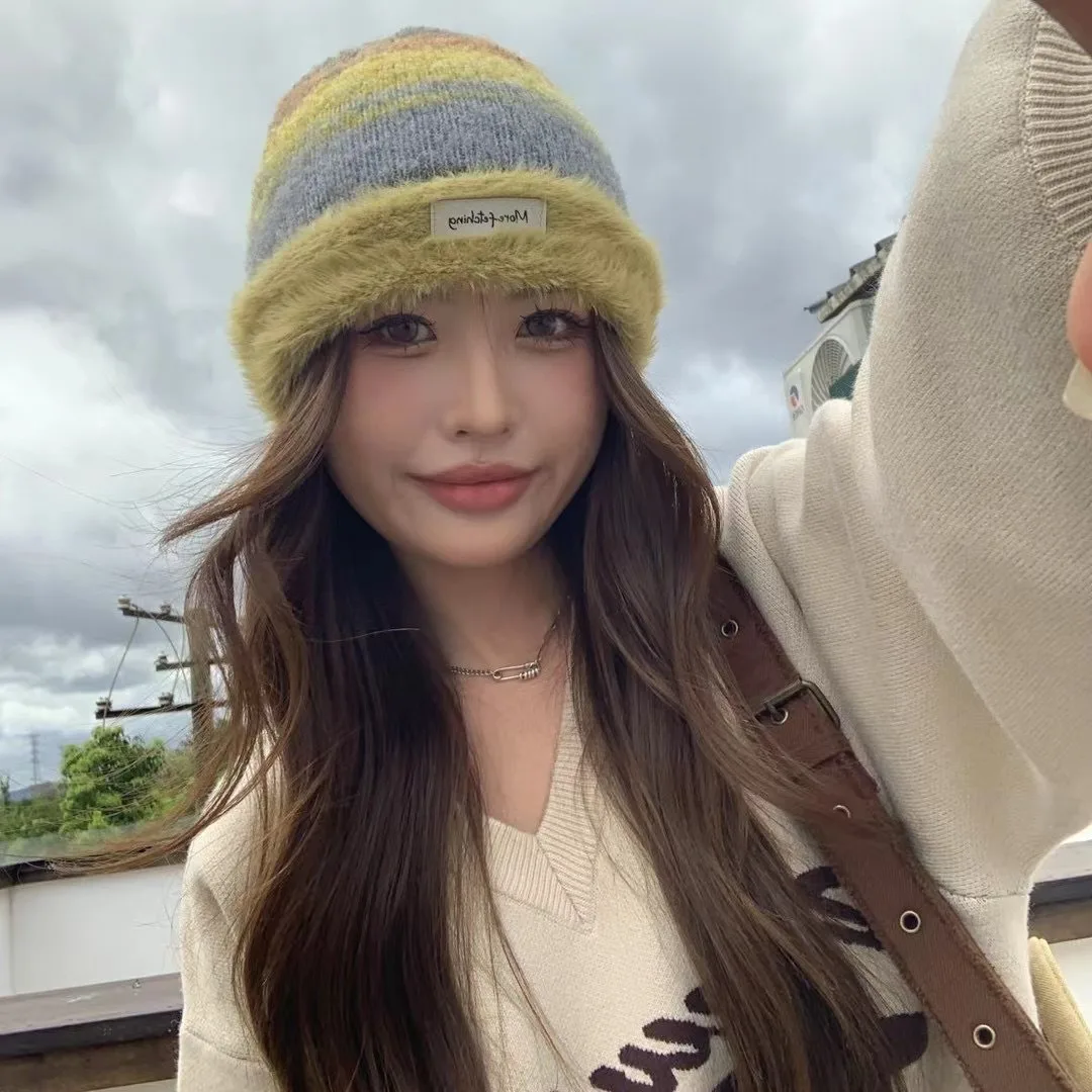 Japanese Color Blocked Pullover Hat Soft Warm Versatile Autumn And Winter Plush Cold Personalized Pile