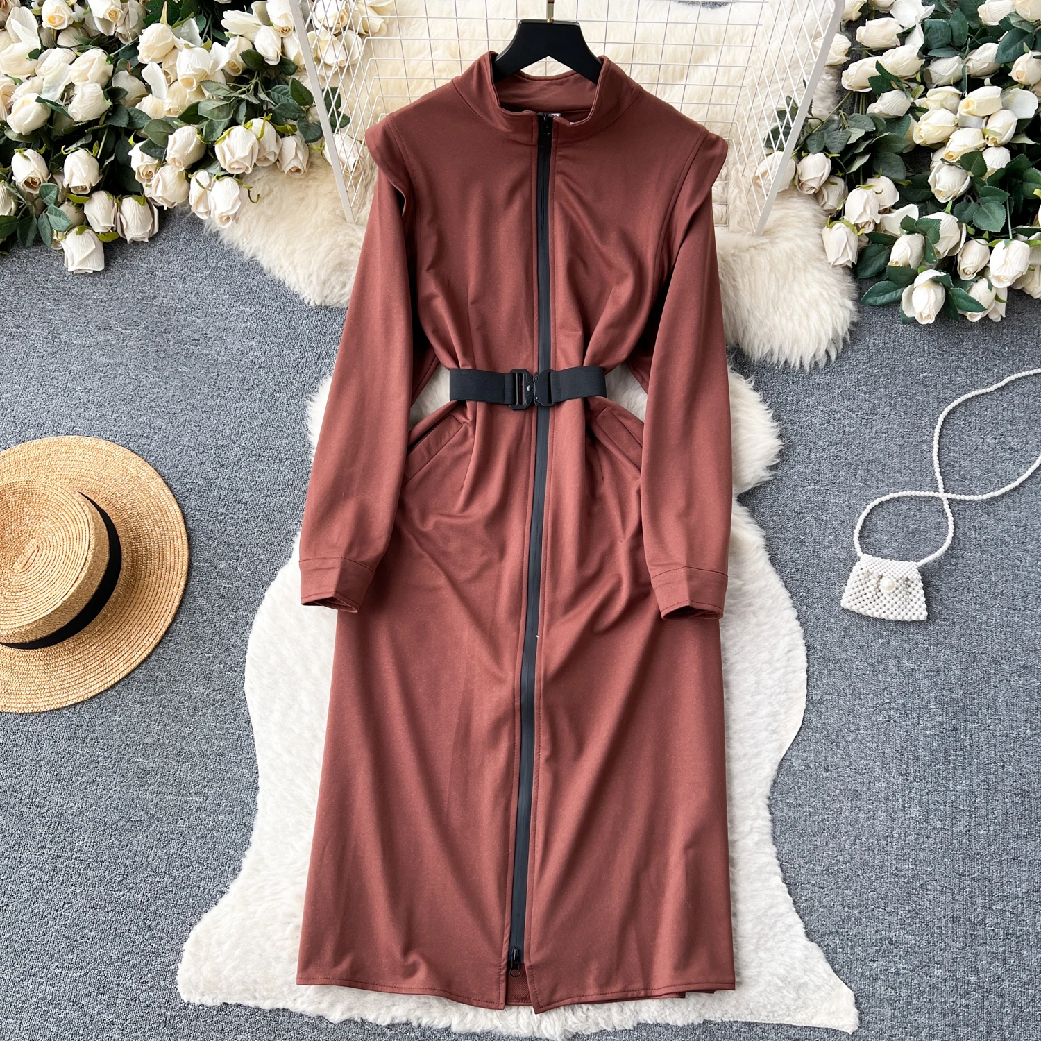 

Clothland Women Stylish Zipper Midi Dress Stand Collar Long Sleeve Belt Sashes A Line Female Mid Calf Dresses Vestido QD125