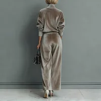 2026 Autumn Winter New Style Women Fashion Casual Warm Sportswear Set Velvet Long-sleeved Solid Color High-neck Wide-leg Pants - Image 3
