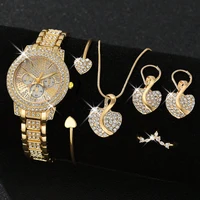 Ladies Watch 6pcs/Set Women's Fashion Heart Necklace Earings Bracelet Rings Jewelry Set Shaped Rhinestone Quartz Watch Set Watch 1