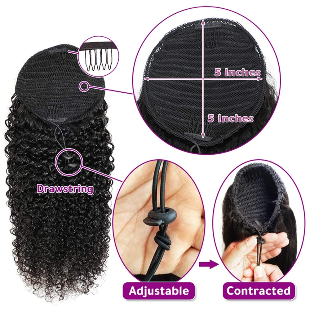 Kinky Curly Human Hair Ponytail Clip in Extensions 100% Brazilian Hair Drawstring Clip in Ponytail Hair Extensions Natural Color
