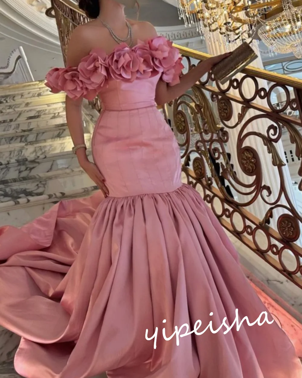 Ball Dress Saudi Arabia Prom Satin Flower Draped Party Mermaid Off-the-shoulder Bespoke Occasion Gown Long Dresses