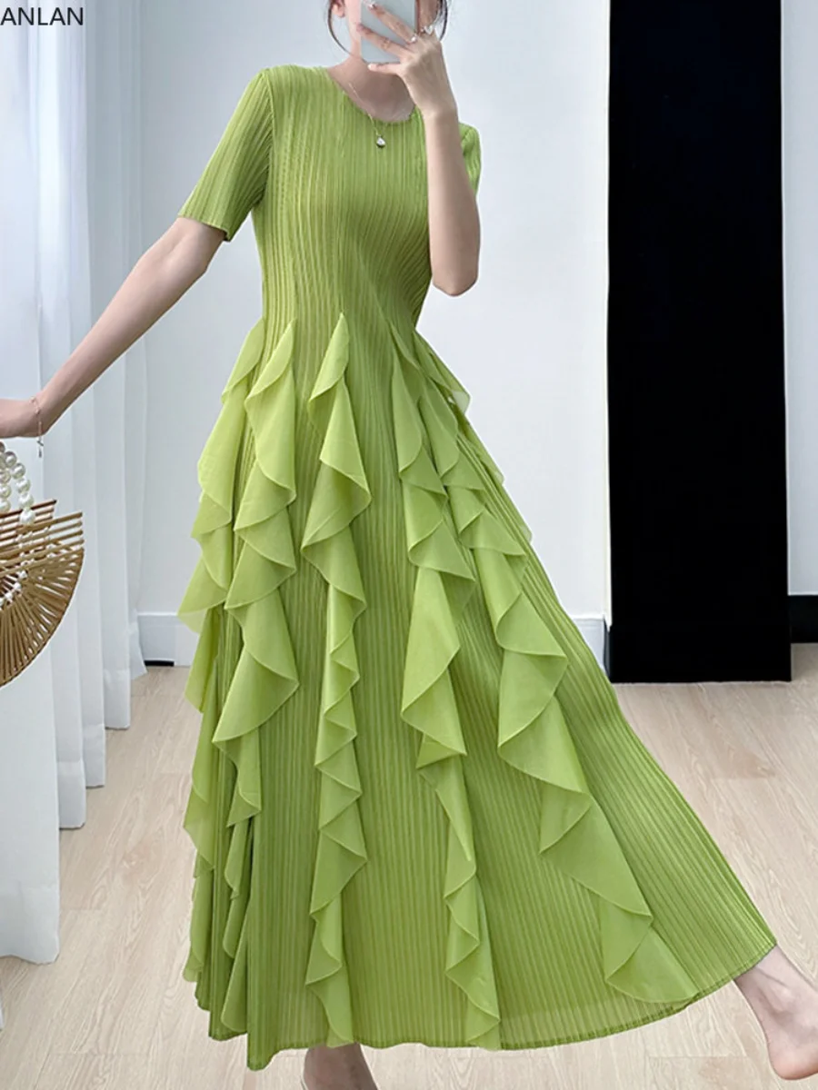 

ANLAN Spliced Miyake Pleated Dress Fashion O-Neck Short Sleeves High Waist A-line Dresses for Women 2023 Summer New 2KK3519