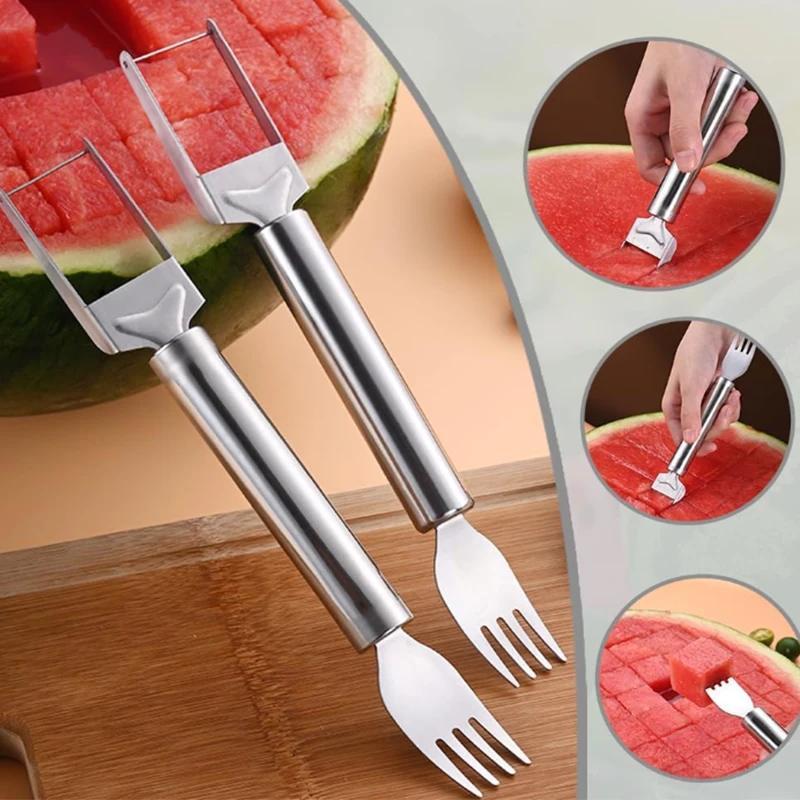 Stainless Steel Watermelon Slicer Cutter 2 In 1 Multifunctional Fruit Fork Salads Cantaloupe Cutting Tool Kitchen Gadget