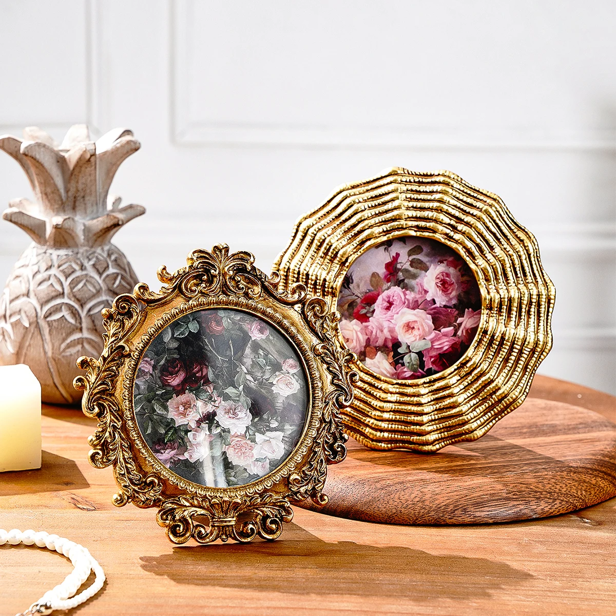 1PC Retro Gold Lace Decoration Round Photo Frame, Suitable for Photo Display Home Decoration Photography Shooting Props