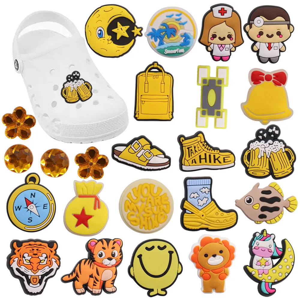 

Wholesale 50pcs Shoe Charms Yellow Moon Lion Tiger Beer Fish Accessories PVC Shoe Decoration For Wristbands Croc Jibz Gift