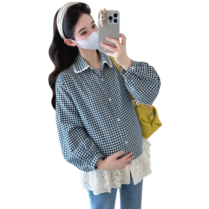G82433 임산부용 탑 체크 무늬 두꺼운 루즈 레이스 패치워크 탑 여성용 임산부용 탑