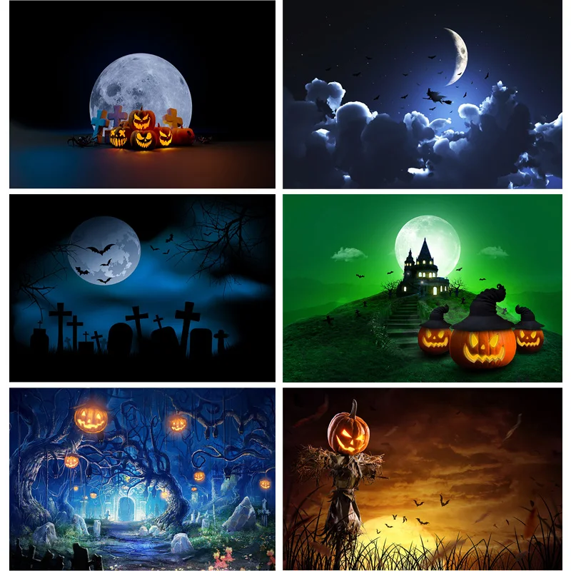 

SHUOZHIKE Halloween Backdrop Castle Pumpkin Lantern Moon Portrait Photography Background For Photo Studio Props JKL-05