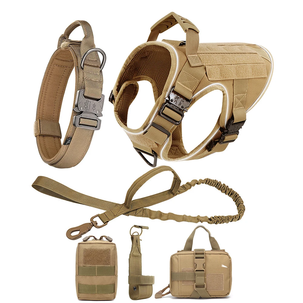 

Reflective Dog Harness with 4 Metal Buckles Military Tactical Pet Training Walking K9 Vest Harnesses Leash Collar Set Large Dogs