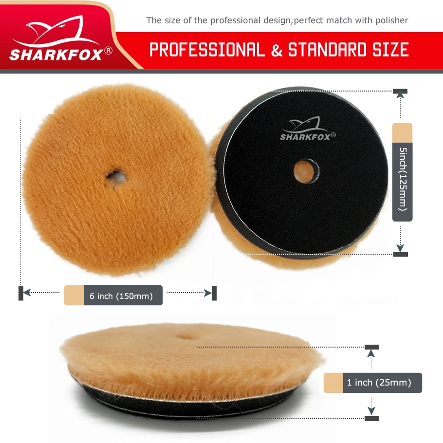 Sharkfox 5/6Inch Wool Car Polishing Pad High Density Lamb Woollen Polish Buffing Pad Wool Polishing Pad for Car Detail Polishing 3