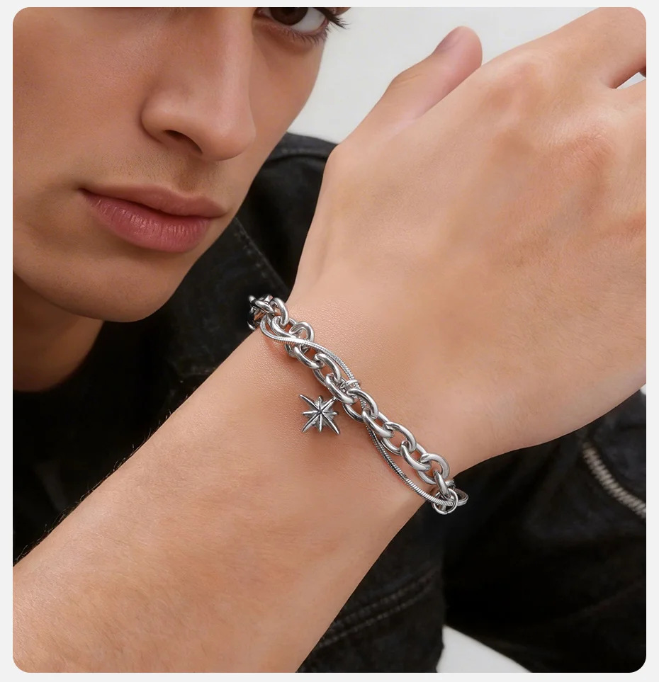 Vnox Edelstahl-Armband mit doppellagigem Stern, silberfarben, verstellbar, 17–22 cm, Hip-Hop-Charm-Kette, cooles Armband für Männer und Frauen – Detail 3