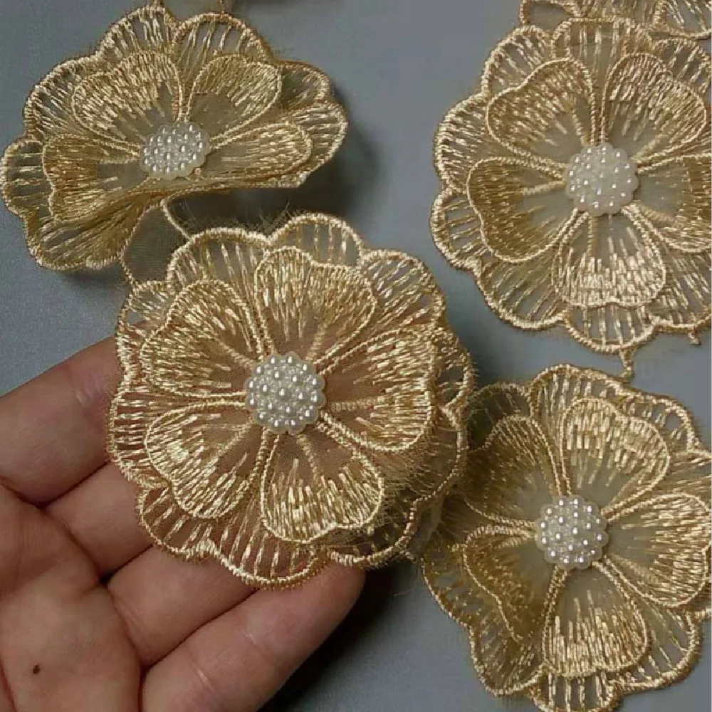 1 yard Gold Pearl Beaded Embroidered Flower Lace Trim Floral Applique Patches Fabric Sewing Craft Vintage Wedding Dress