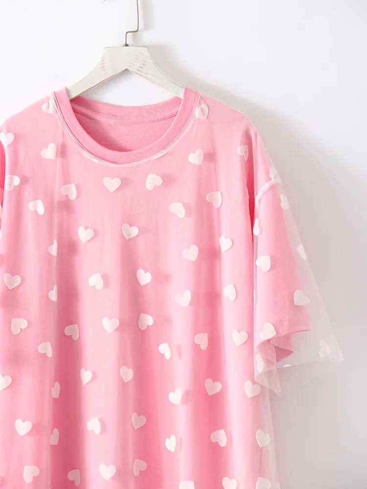 Long Mesh T Shirt Dress For Women Short Sleeve Heart Tulle Fake Two Piece Dresses WOmen's White Loose Maxi Dress With Heart Red