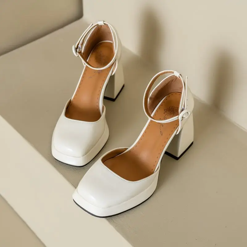 ANOVISHANA Brand Women Pumps Square Toe Block Heels 9cm Buckle Strap Big Size 45 46 Mary Janes Party Wedding Shoes 32 33 3
