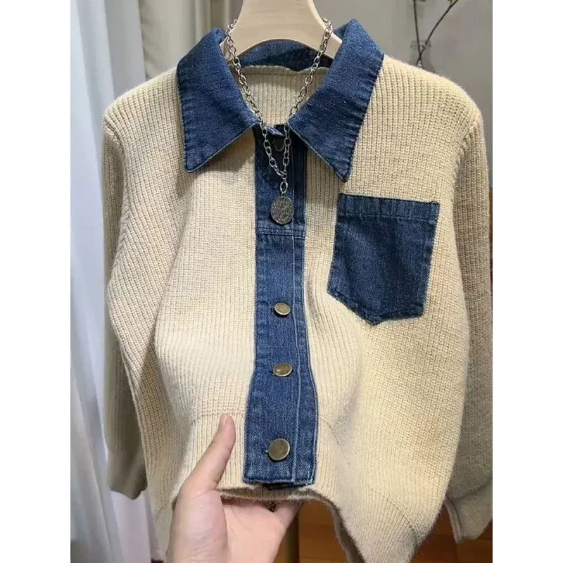 2024 New Vintagedenim Patchwork Knitted Cardigan Jacket Women's Loose-Fit Cropped Design Sensibility Niche Top Polo Collar