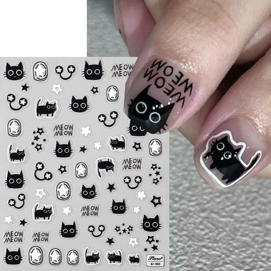 Kawaii Little Black Cat Nail Stickers Cartoon Cute Cat Stars Letters Nail Sliders Y2K Korean Japanese Nail Art Manicure Decors 2