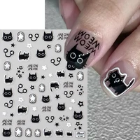 Kawaii Little Black Cat Nail Stickers Cartoon Cute Cat Stars Letters Nail Sliders Y2K Korean Japanese Nail Art Manicure Decors 2