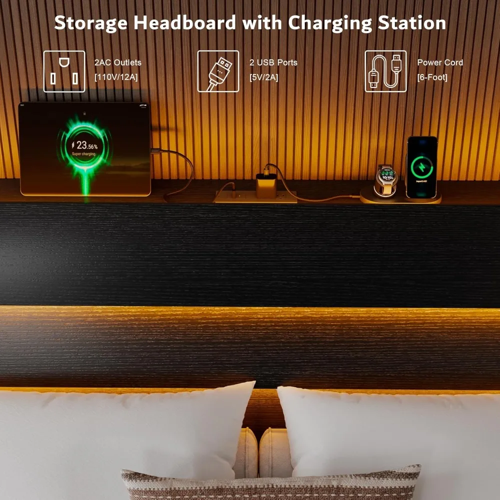King Size Floating Bed Frame with LED Headboard and Charging Station, Metal Platform Bed Frame with Storage, Remote Control 3