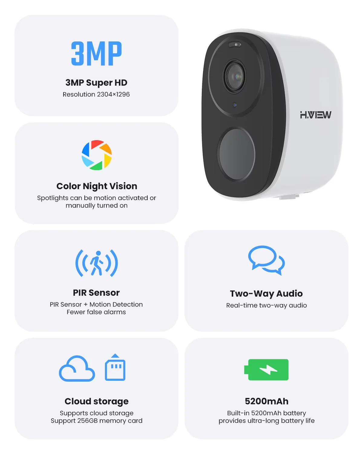 H.VIEW PIR Battery Powered Camera Wireless Outdoor, 2K 3MP WiFi Security Camera with Spotlight Siren, 2-Way Audio, Waterproof 2