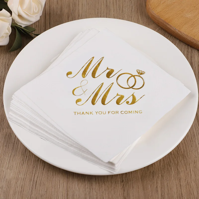 20-100Pcs Mr Mrs Paper Napkins Wedding Table Decoration Bronzing Cocktail Dessert Disposable Napkin Bridal Shower Party Supplies