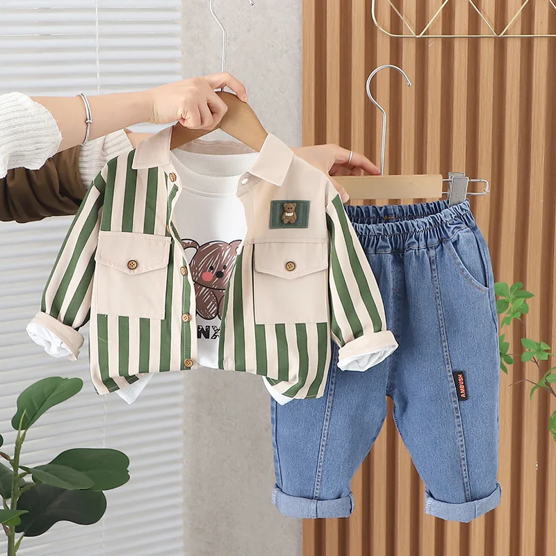 3Pcs Set Baby Boys' Shirt Denim Pants Suit Long Sleeve Cotton T-shirt Fashion Handsome Children Boy Clothes Spring Autumn