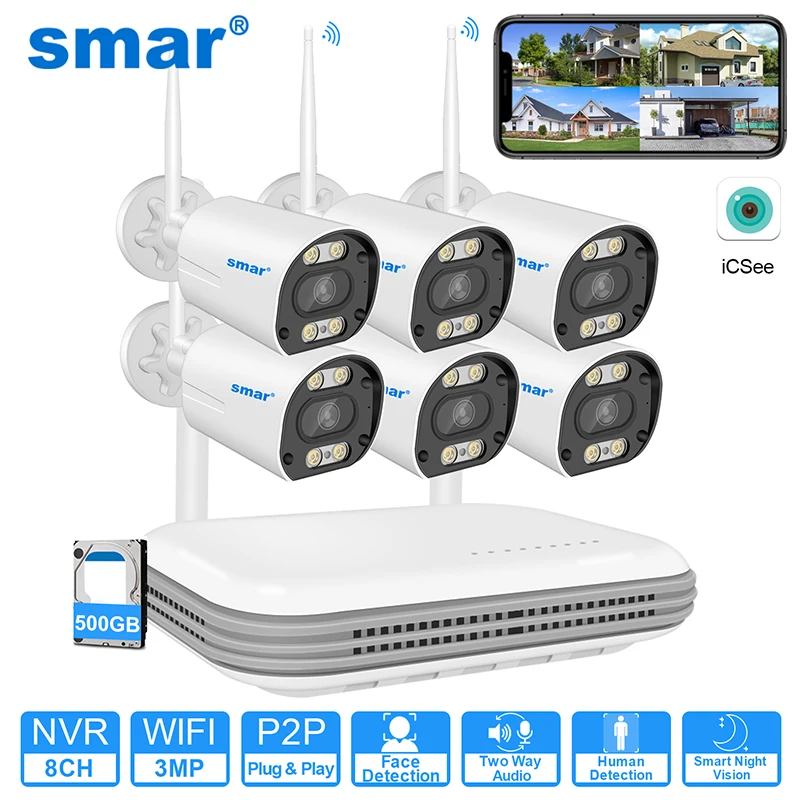 Smar Wireless Cctv System Wifi Camera Kit 3Mp/5Mp Hd Security Audio Ai Face Detect Ip 8Ch Nvr Set Di Videosorveglianza Icsee