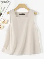 ZANZEA Summer Tanks Tops Women Square Neck Sleeveless Blouse Elegant Cotton Shirt Casual Solid Holiday Beach Blusas Female Tunic - Image 4