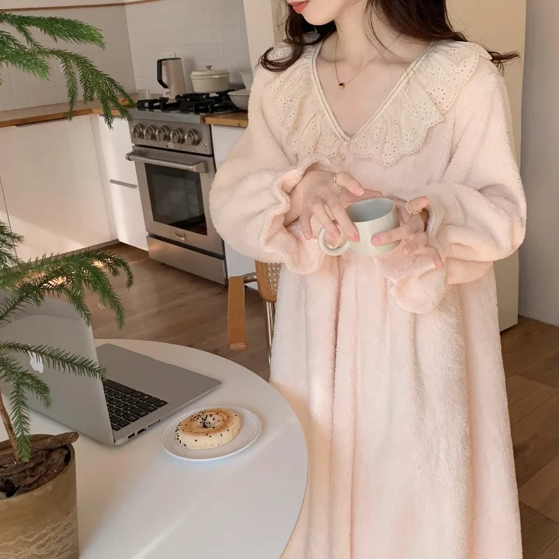 Fleece Nightgown Lace Sleepwear Womens Winter Night Dress Warm One Piece Pajamas Korean Style Long Sleeve Solid Ruffle Home Wear