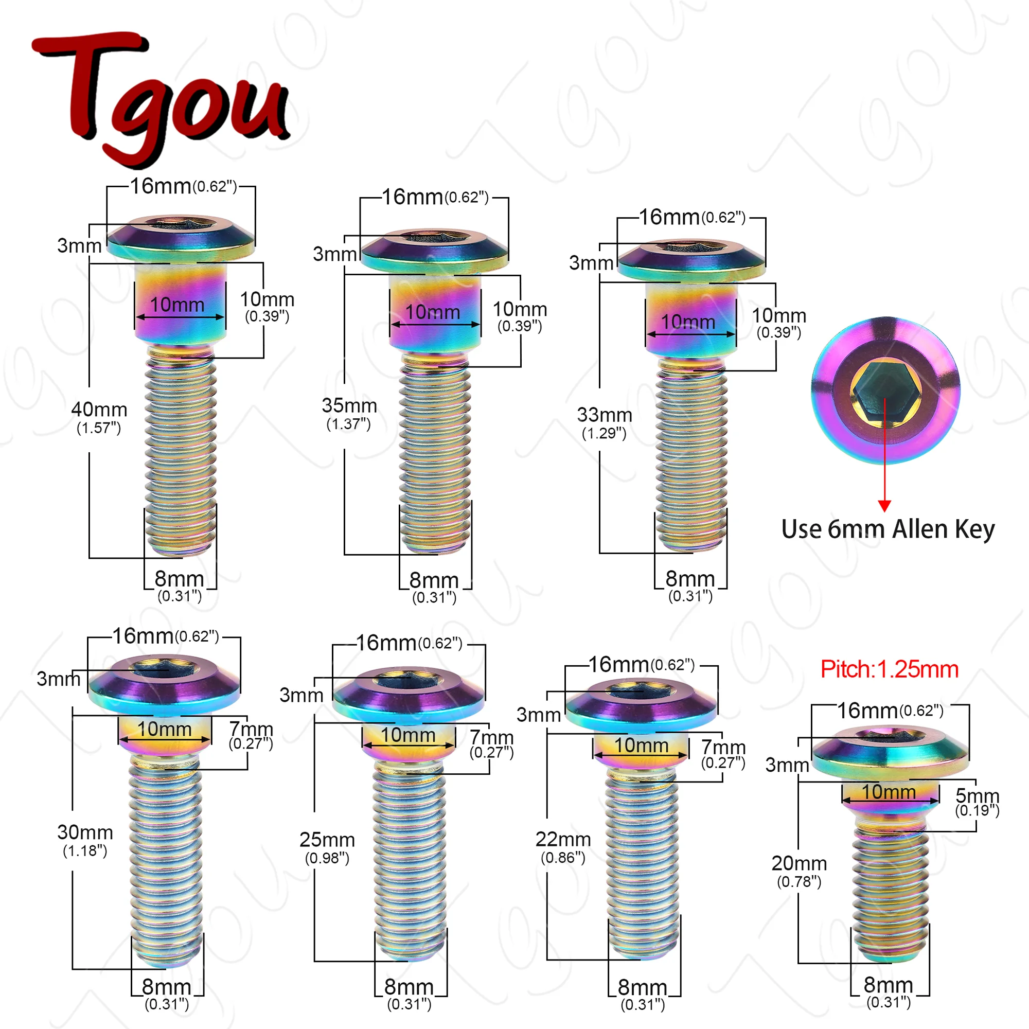 Tgou 티타늄 볼트 육각 헤드 나사, 오토바이 리어 브레이크 로터, M8x20, 22, 25, 30, 33, 35, 40mm, 8 개