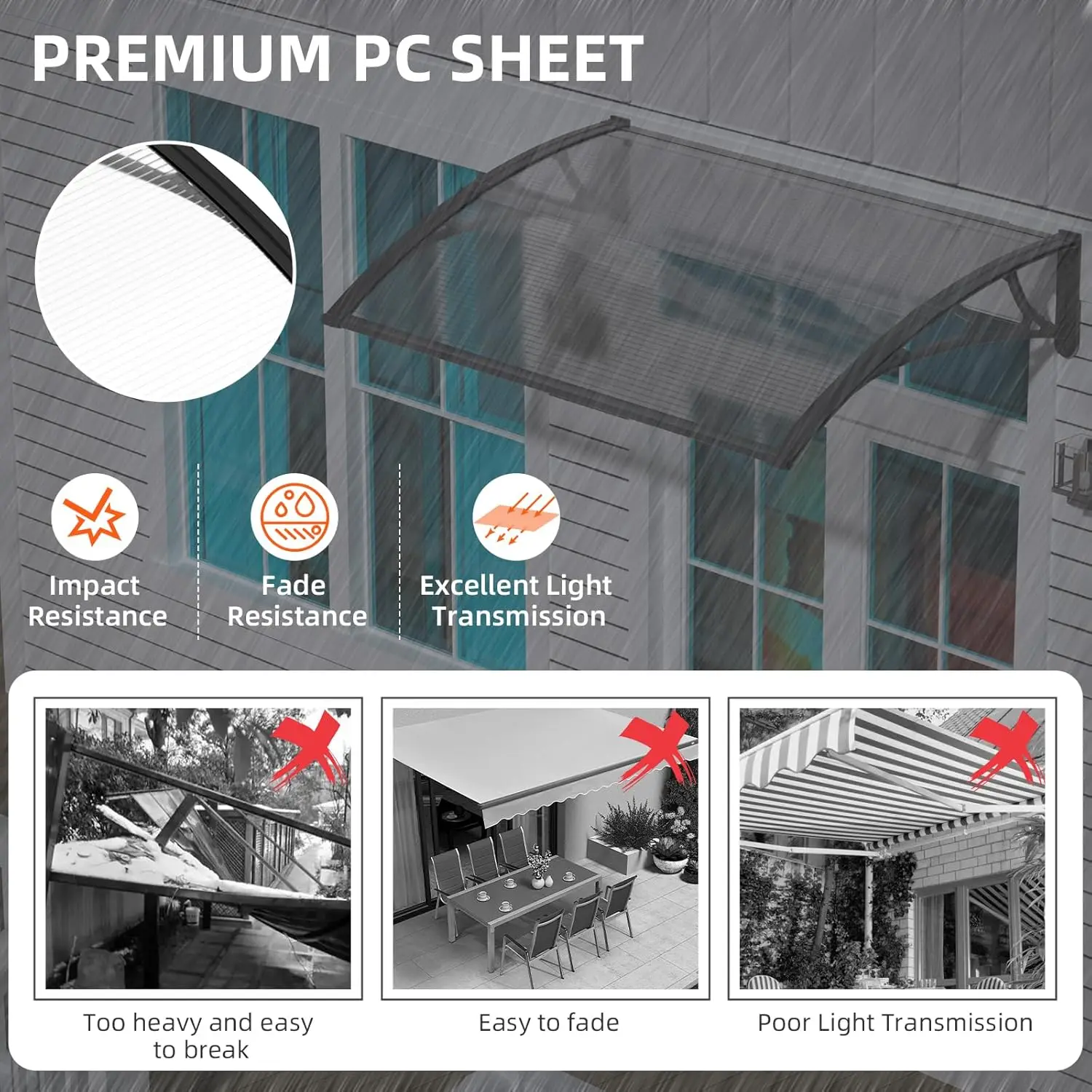 Outdoor Voordeur Patio Luifel Polycarbonaat Raamluifel Duurzame Deur Luifel Cover UV Regen Sneeuw Zonlicht Bescherming Massieve Plaat met Aluminium Beugel (Kleur: B, Maat: 100x100cm/39.37x39