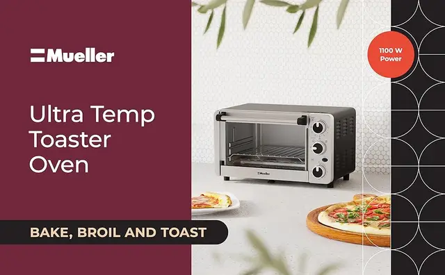 Mueller Austria Toaster Oven 4 Slice, Multi-function Stainless Steel Finish  with Timer - Toast - Bake - Broil Settings, Natural Convection - 1100 Watts  of Power, Includes Baking Pan and Rack