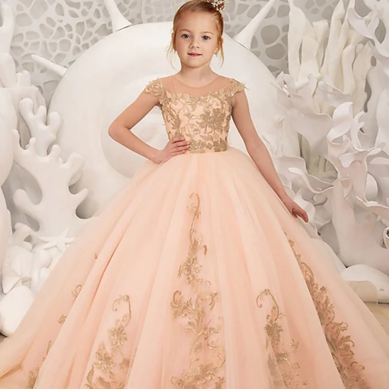 

Flower Girl Dress Bows Children Long Sleeve For Weddings Party Princess First Holy Communion Dress Formal Tulle Ball Gown