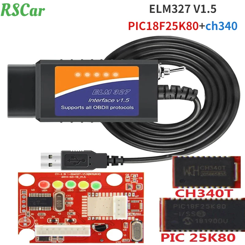 Диагностический сканер ELM327 V1.5 USB CH340 PIC18F25K80 для Ford OBD2