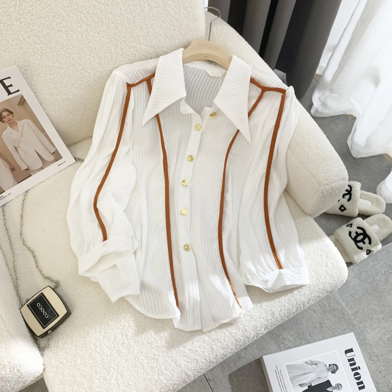 

Plus Size Shiffon Shirt Women's Spring/Summer New French Doll Neck Gold Buckle Splicing Fashion Commuting Long Sleeved Top
