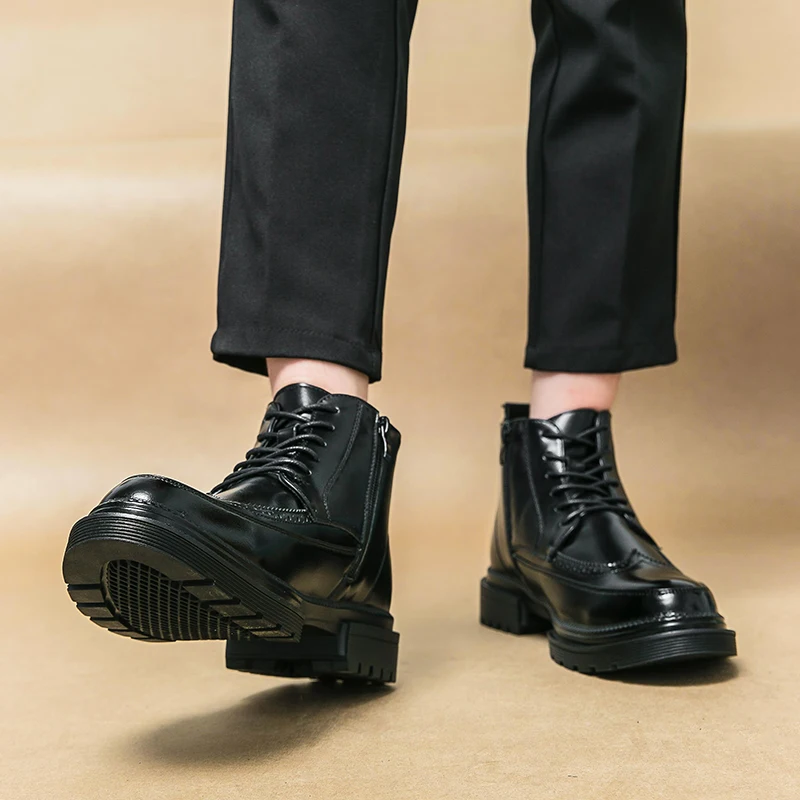 Brogue Black short men's boots Fashionable versatile gentleman style Business Office Daily Outdoor Leisure Party Adult shoes