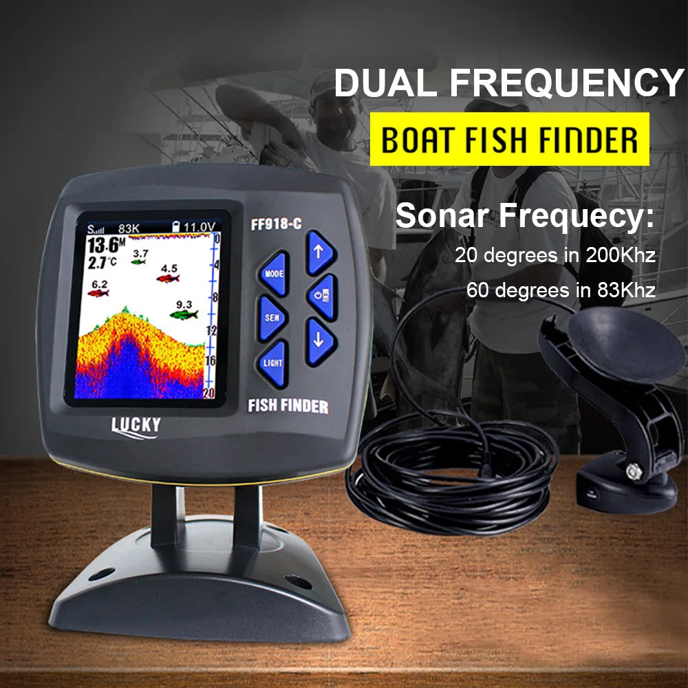 FF918-C100DS Color Screen Wired Fish Finder Dual Frequency 328ft/100m Water Depth Boat Fish Finder