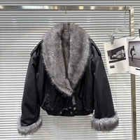 Winter Warm PU Leather Big Fur Collar Jacket Female Solid Covered Button Loose Cotton Jackets Women Long Sleeves Casual Outwears