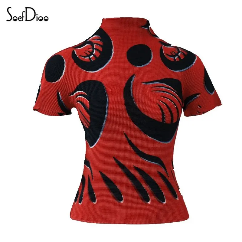 

Soefdioo Sexy Color Blocking Printed Pleated T-shirts Women Half High Collar Short Sleeve Slim Tops 2023 Vintage Streetwear