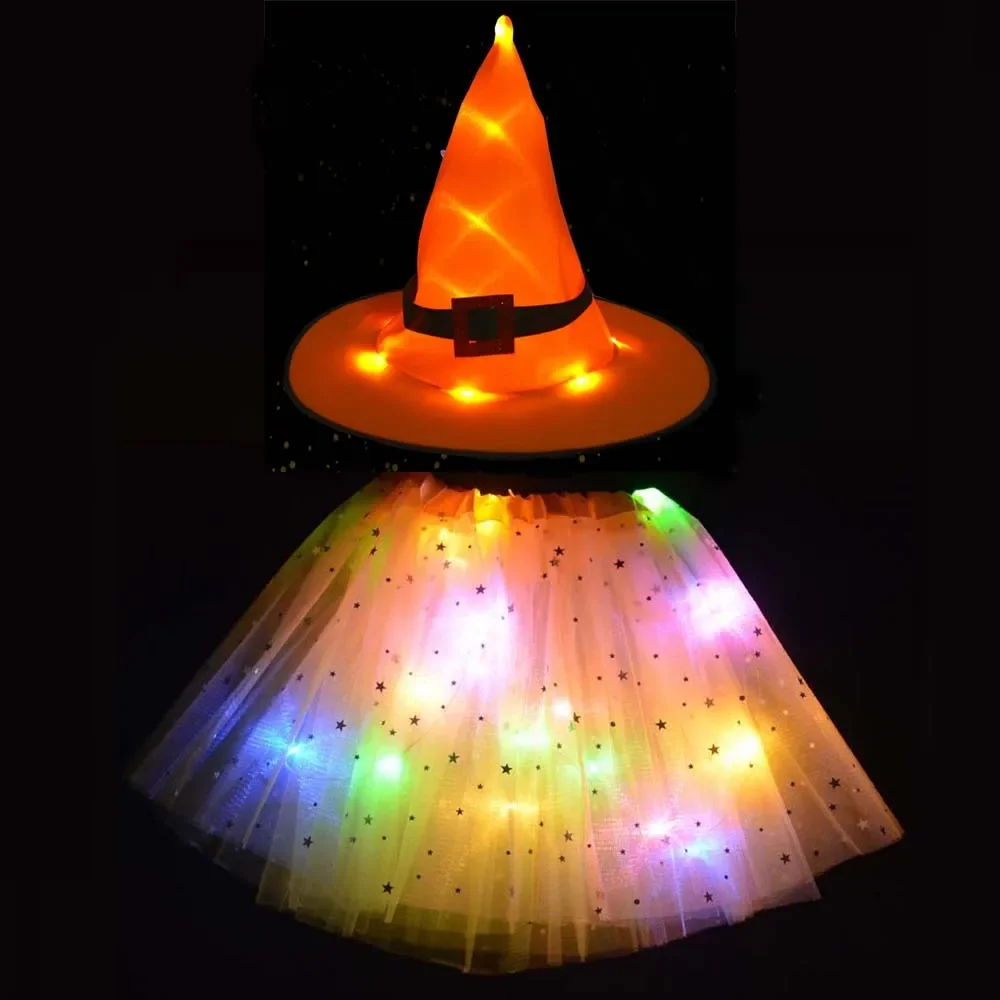 Cosplay Costume Halloween Dress Outfit Women Kids Girl Luminous LED Glow Lights Elf Witch Hat Star Skirt Spider Web Wizard Costume Party Gift Halloween Festival
