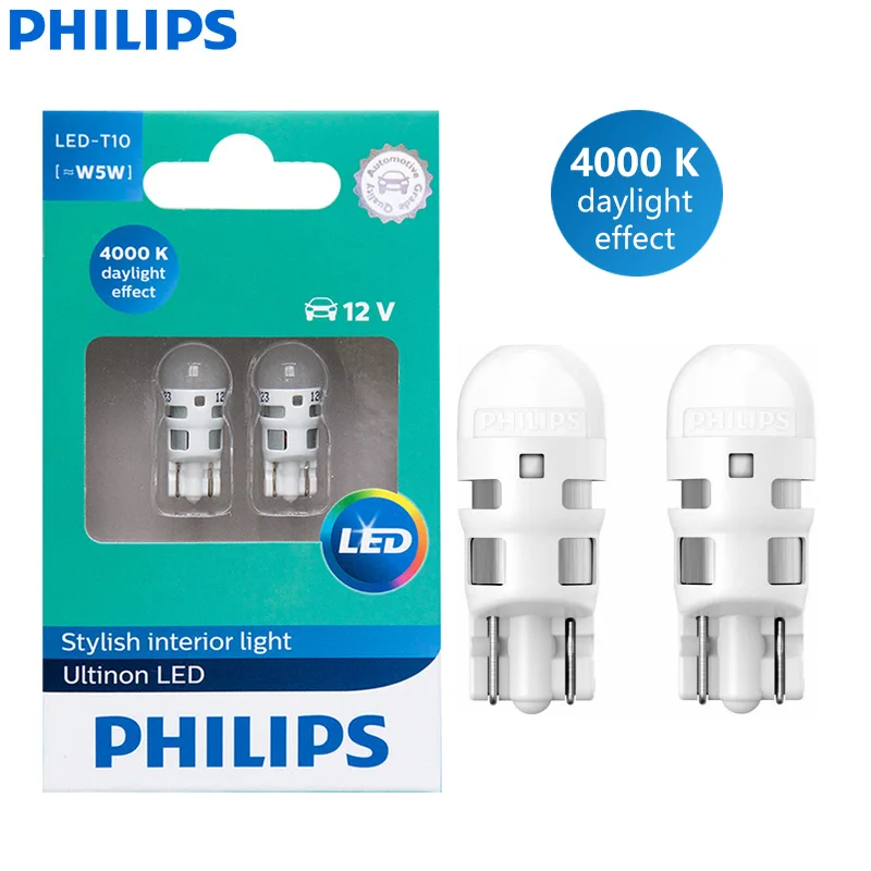 Philips W5W T10 4000K Ultinon LED 12V Warm White Car Interior Bulbs Turn  Signal Light Reading Lamps W2,1x9,5d 11961ULW4X2 (Twin)