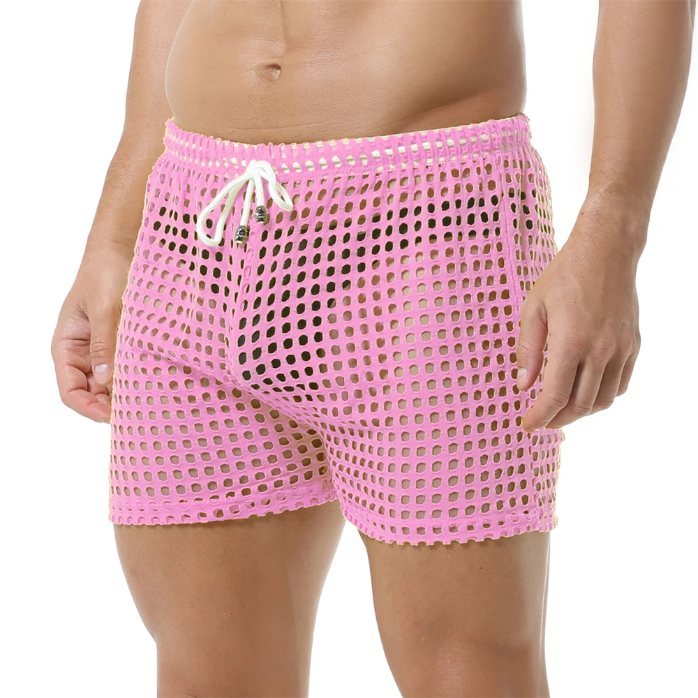Breathable Mens Sexy Mesh Fishnet Causal Shorts Loose Men Hollow Out Beach Bikini Swim Trunks Drawstring Sport Gym Lounge Shorts 6