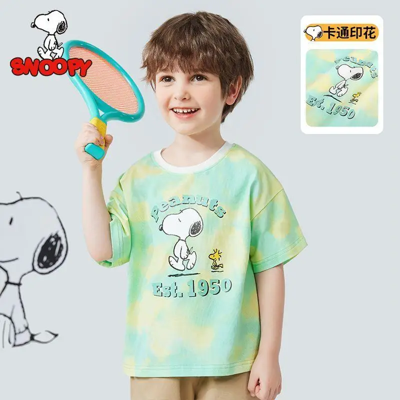 

Kawaii Snoopy мультфильм милые детские футболки с коротким рукавом 2024 Лето Новинка Топ с коротким рукавом и круглым вырезом игрушки для детей