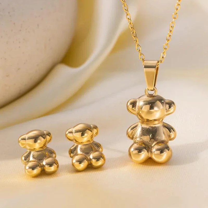 3PCS anime style 3D cute bear earrings necklace set for women stainless steel not fading INS couples gift jewelry