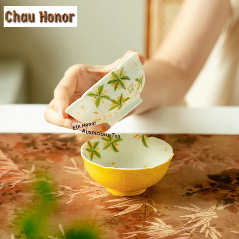 2pc/set 100ml Hand-painted Osmanthus Flowers Teacup Retro Tea Bowl Set Of Cups Tea-tasting Smelling Cup Chazhan Master Cups Gift